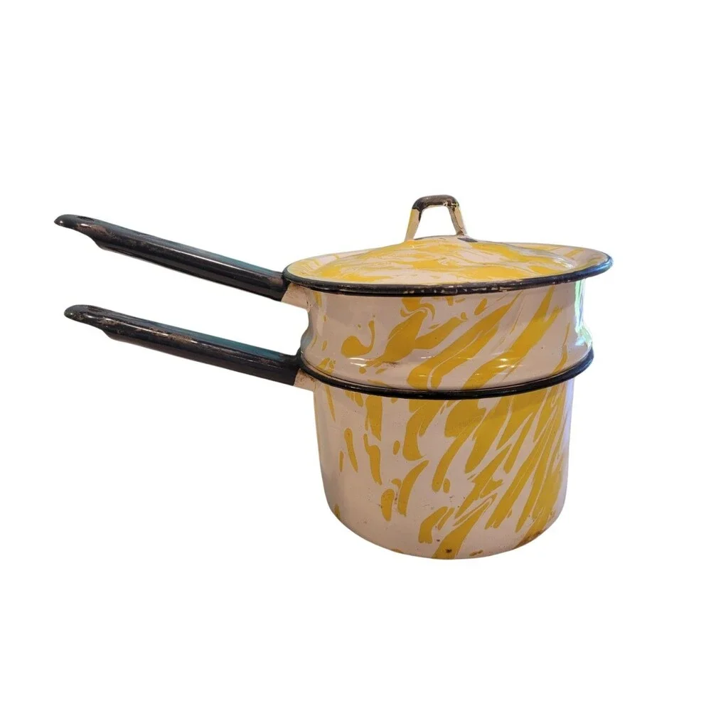 Vintage Enamel Double Boiler Yellow Splatter Lid Saucepan